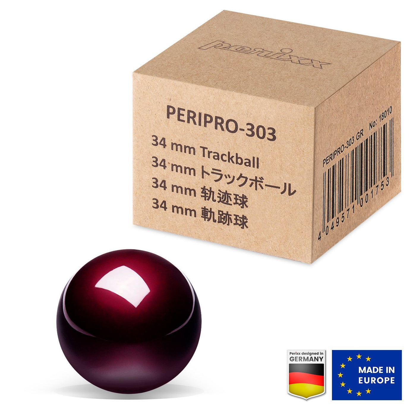 PERIPRO-303GR レッド 34mmトラックボール 交換用 光沢仕上げ